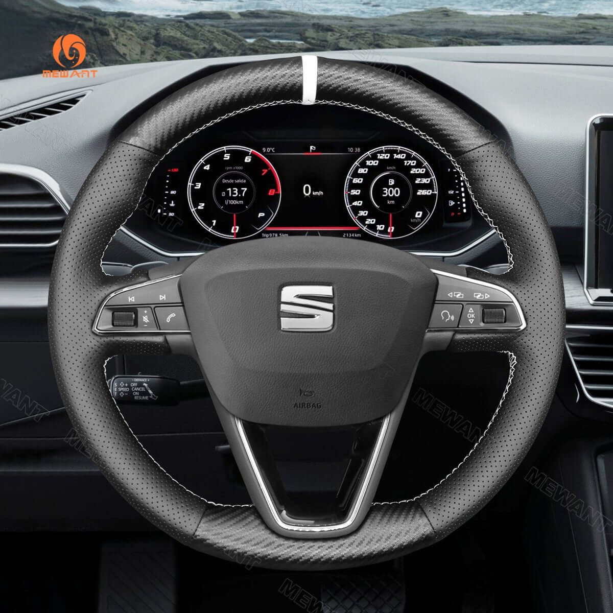 MEWANT Steering Wheel Cover for Seat Leon Ibiza Alhambra Arona Ateca 2013 - 2020 - Alcantara, Leather, Carbon Fiber, Easy Install, Non - Slip, Best Steering Wheel Cover