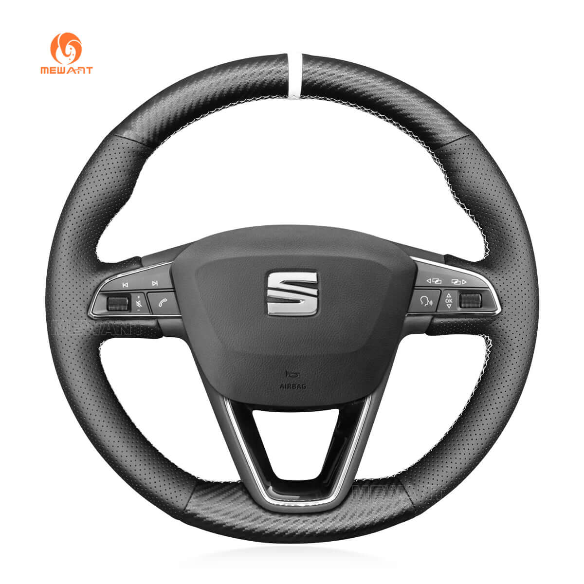 MEWANT Steering Wheel Cover for Seat Leon Ibiza Alhambra Arona Ateca 2013 - 2020 - Alcantara, Leather, Carbon Fiber, Easy Install, Non - Slip, Best Steering Wheel Cover
