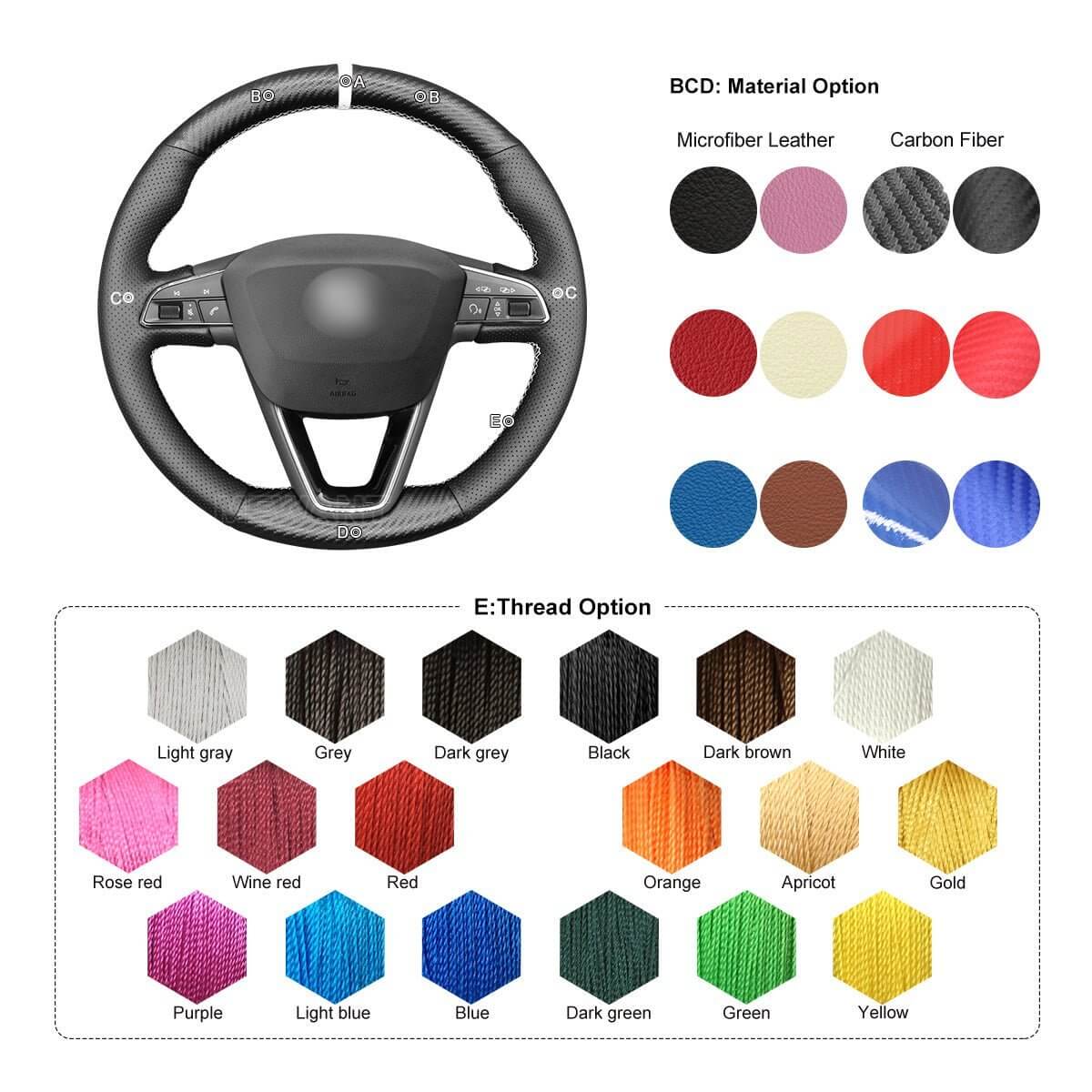 MEWANT Steering Wheel Cover for Seat Leon Ibiza Alhambra Arona Ateca 2013 - 2020 - Alcantara, Leather, Carbon Fiber, Easy Install, Non - Slip, Best Steering Wheel Cover