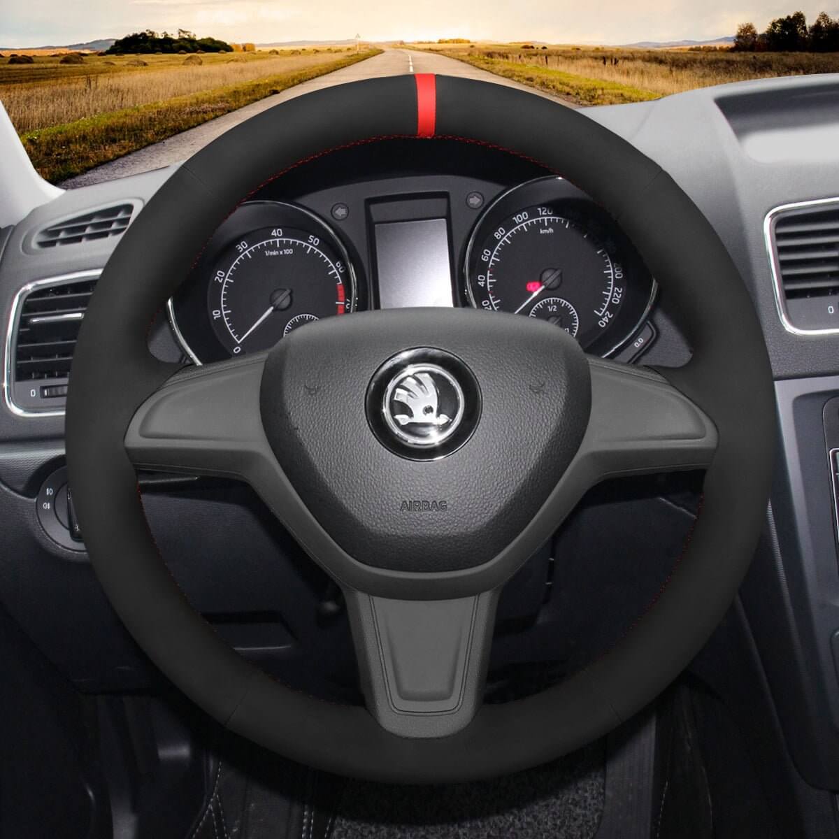 MEWANT Steering Wheel Cover for Skoda Citigo 2013 - 2019 Fabia 2013 - 2019 Yeti 2014 - 2019 - Alcantara, Leather, Carbon Fiber, Easy Install, Non - Slip, Best Steering Wheel Cover