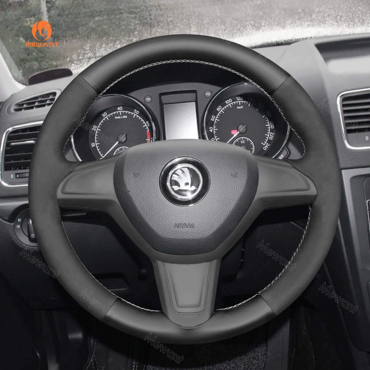 MEWANT Steering Wheel Cover for Skoda Citigo 2013 - 2019 Fabia 2013 - 2019 Yeti 2014 - 2019 - Alcantara, Leather, Carbon Fiber, Easy Install, Non - Slip, Best Steering Wheel Cover