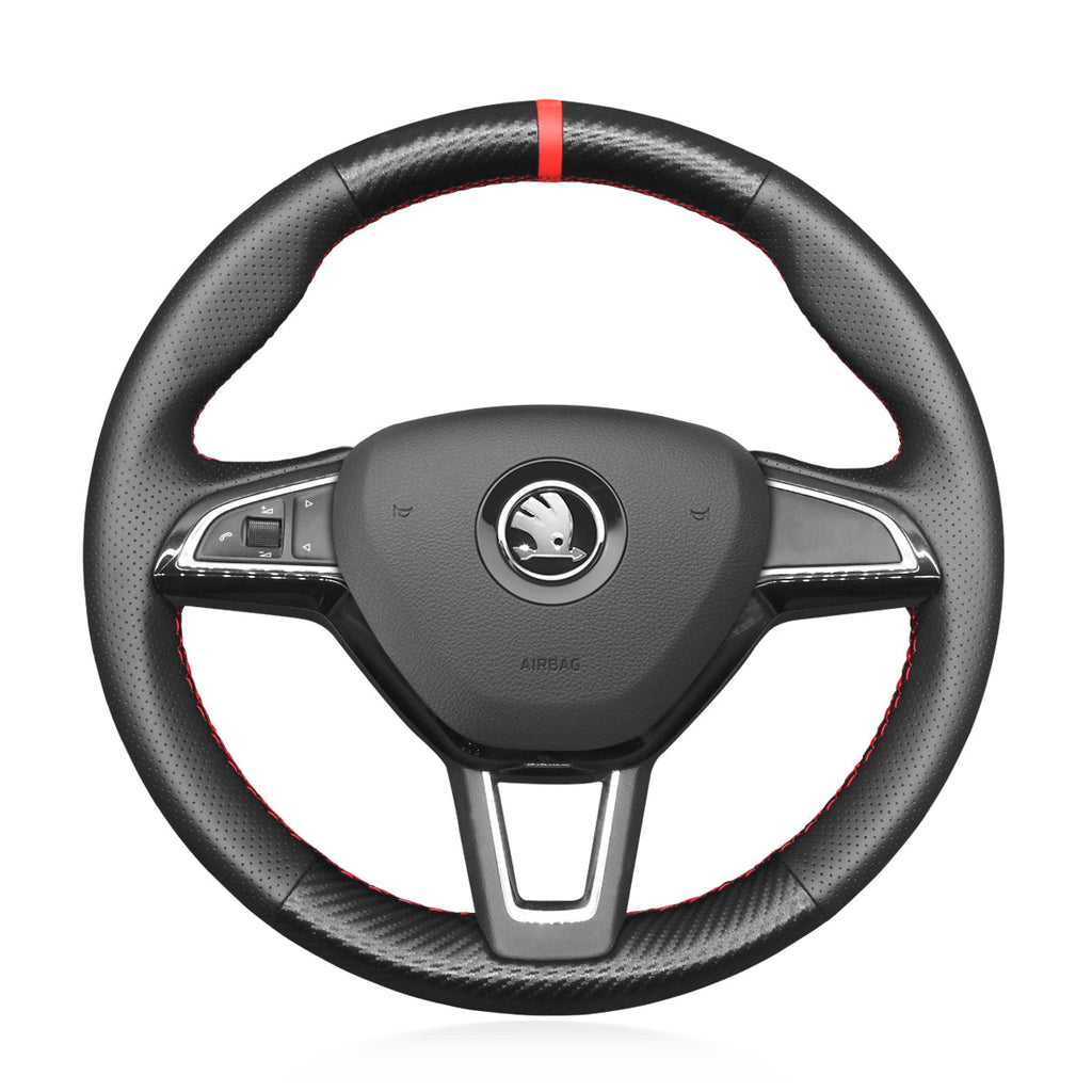 MEWANT Steering Wheel Cover for Skoda Citigo Fabia Karoq Roomster Octavia Superb Yeti Kodiaq Scala 2013 - 2019 - Alcantara, Leather, Carbon Fiber, Easy Install, Non - Slip, Best Steering Wheel Cover