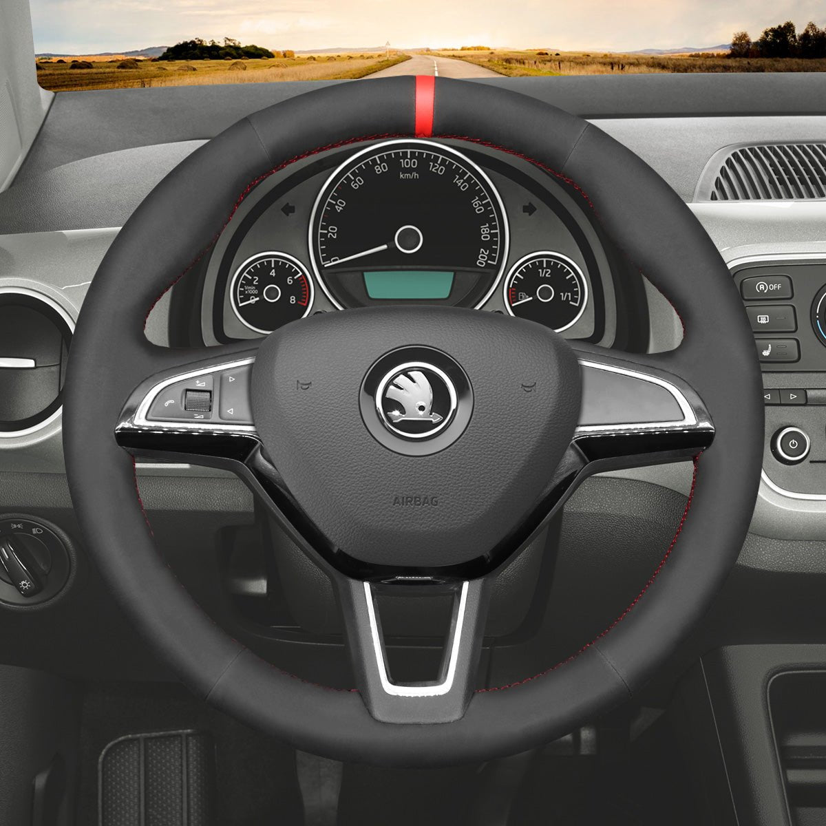 MEWANT Steering Wheel Cover for Skoda Citigo Fabia Karoq Roomster Octavia Superb Yeti Kodiaq Scala 2013 - 2019 - Alcantara, Leather, Carbon Fiber, Easy Install, Non - Slip, Best Steering Wheel Cover
