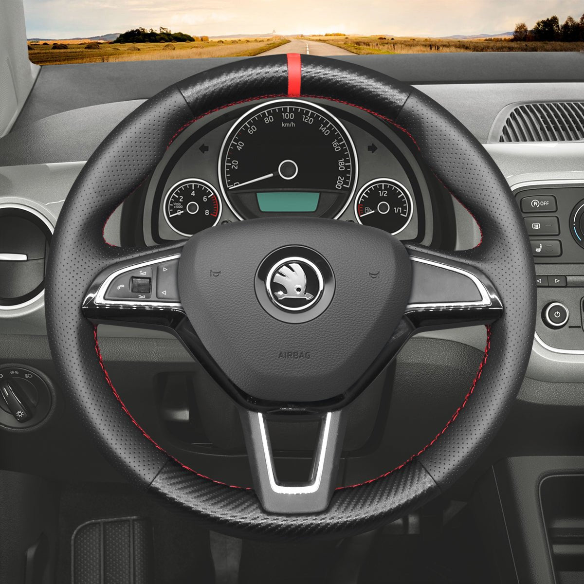 MEWANT Steering Wheel Cover for Skoda Citigo Fabia Karoq Roomster Octavia Superb Yeti Kodiaq Scala 2013 - 2019 - Alcantara, Leather, Carbon Fiber, Easy Install, Non - Slip, Best Steering Wheel Cover