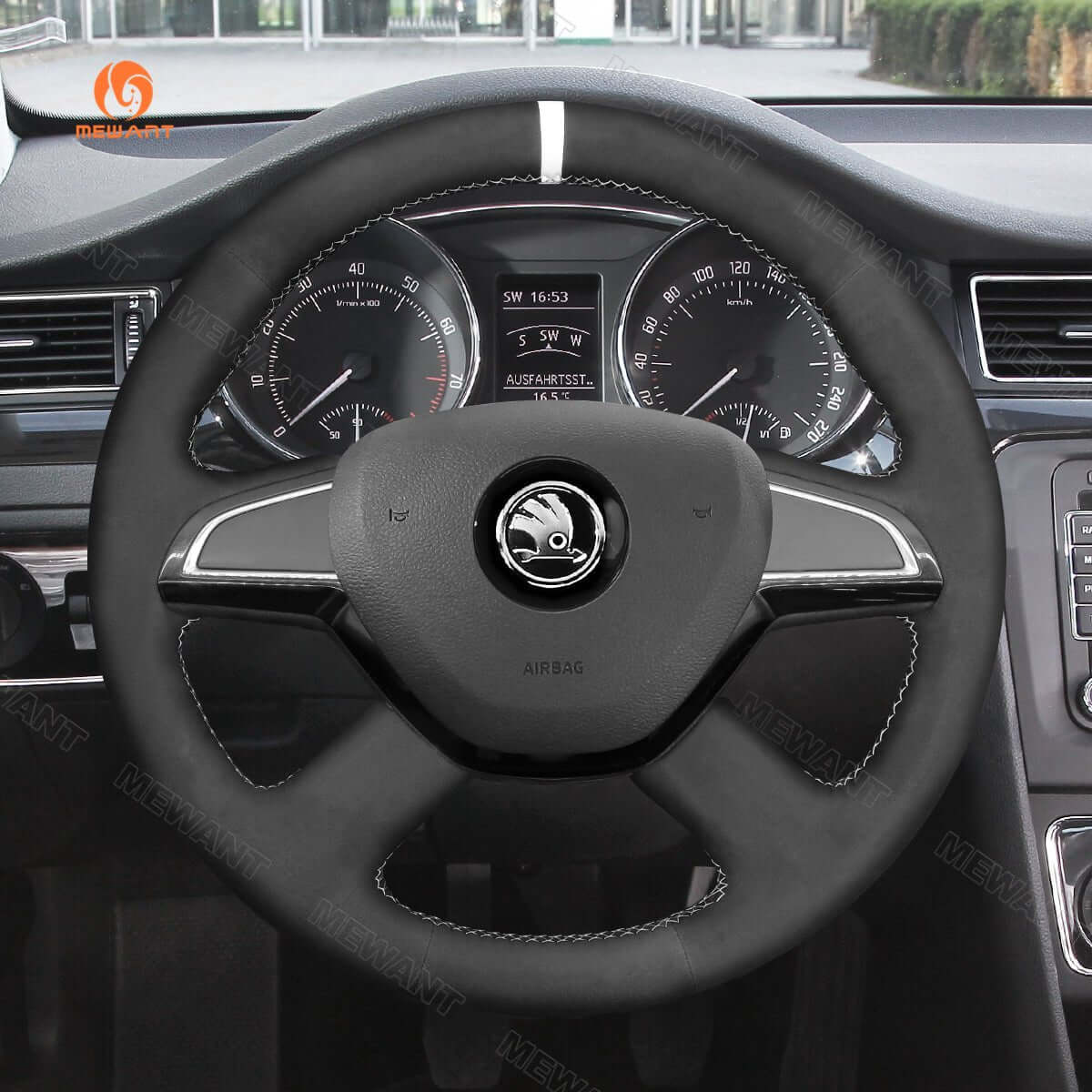 MEWANT Steering Wheel Cover for Skoda Citigo Fabia Superb Roomster Rapid Octavia 2012 - 2015 - Alcantara, Leather, Carbon Fiber, Easy Install, Non - Slip, Best Steering Wheel Cover
