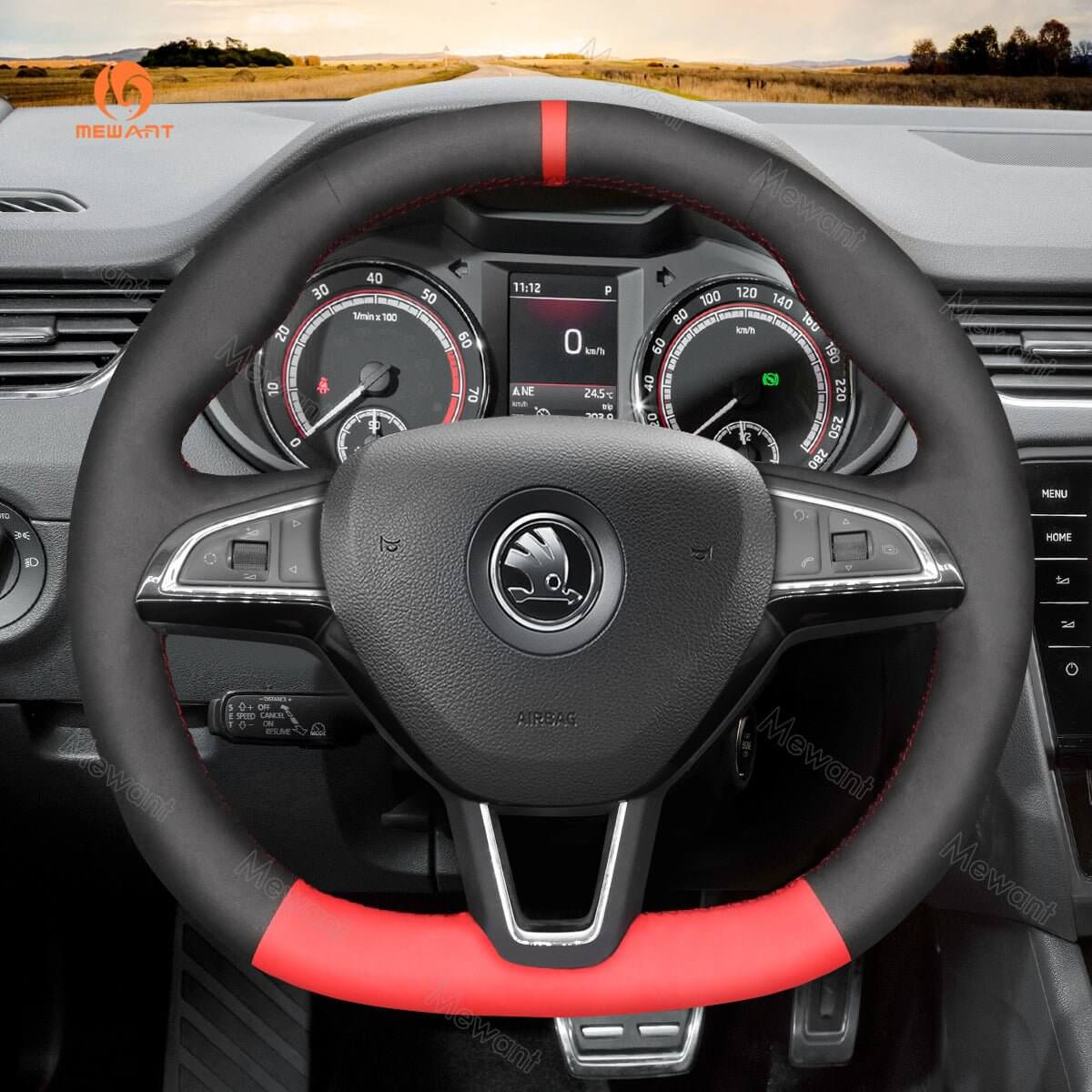 MEWANT Steering Wheel Cover for Skoda Octavia Fabia Kodiaq Citigo Superb Scala 2015 - 2019 - Alcantara, Leather, Carbon Fiber, Easy Install, Non - Slip, Best Steering Wheel Cover