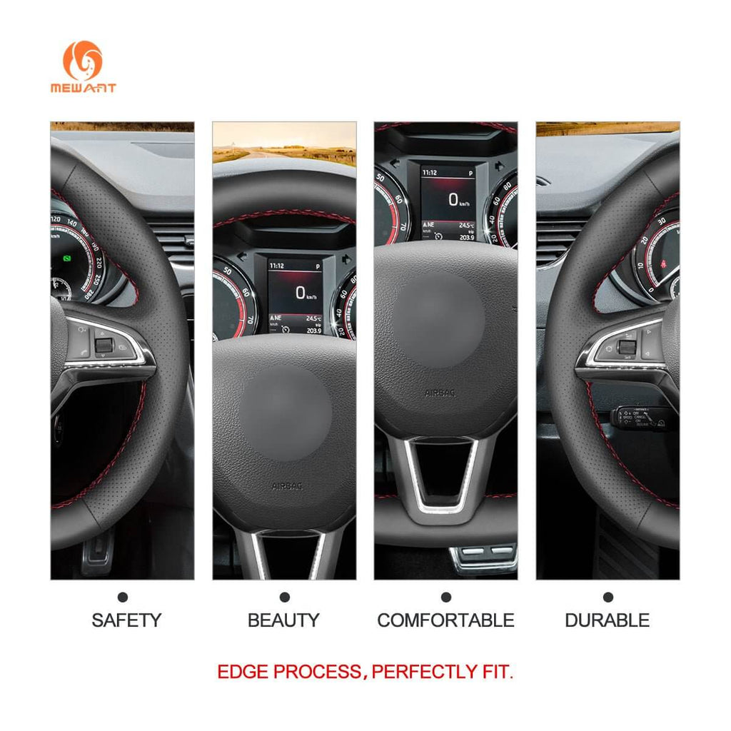 MEWANT Steering Wheel Cover for Skoda Octavia Fabia Kodiaq Citigo Superb Scala 2015 - 2019 - Alcantara, Leather, Carbon Fiber, Easy Install, Non - Slip, Best Steering Wheel Cover