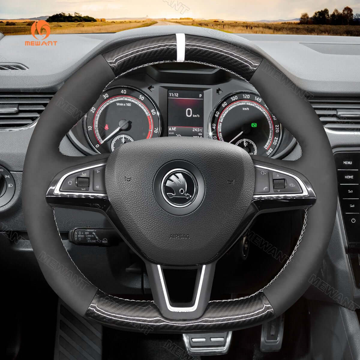MEWANT Steering Wheel Cover for Skoda Octavia Fabia Kodiaq Citigo Superb Scala 2015 - 2019 - Alcantara, Leather, Carbon Fiber, Easy Install, Non - Slip, Best Steering Wheel Cover