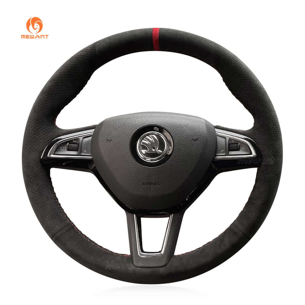 MEWANT Steering Wheel Cover for Skoda Octavia Fabia Rapid Spaceback Superb 3 - Spoke 2016 - 2017 - Alcantara, Leather, Carbon Fiber, Easy Install, Non - Slip, Best Steering Wheel Cover