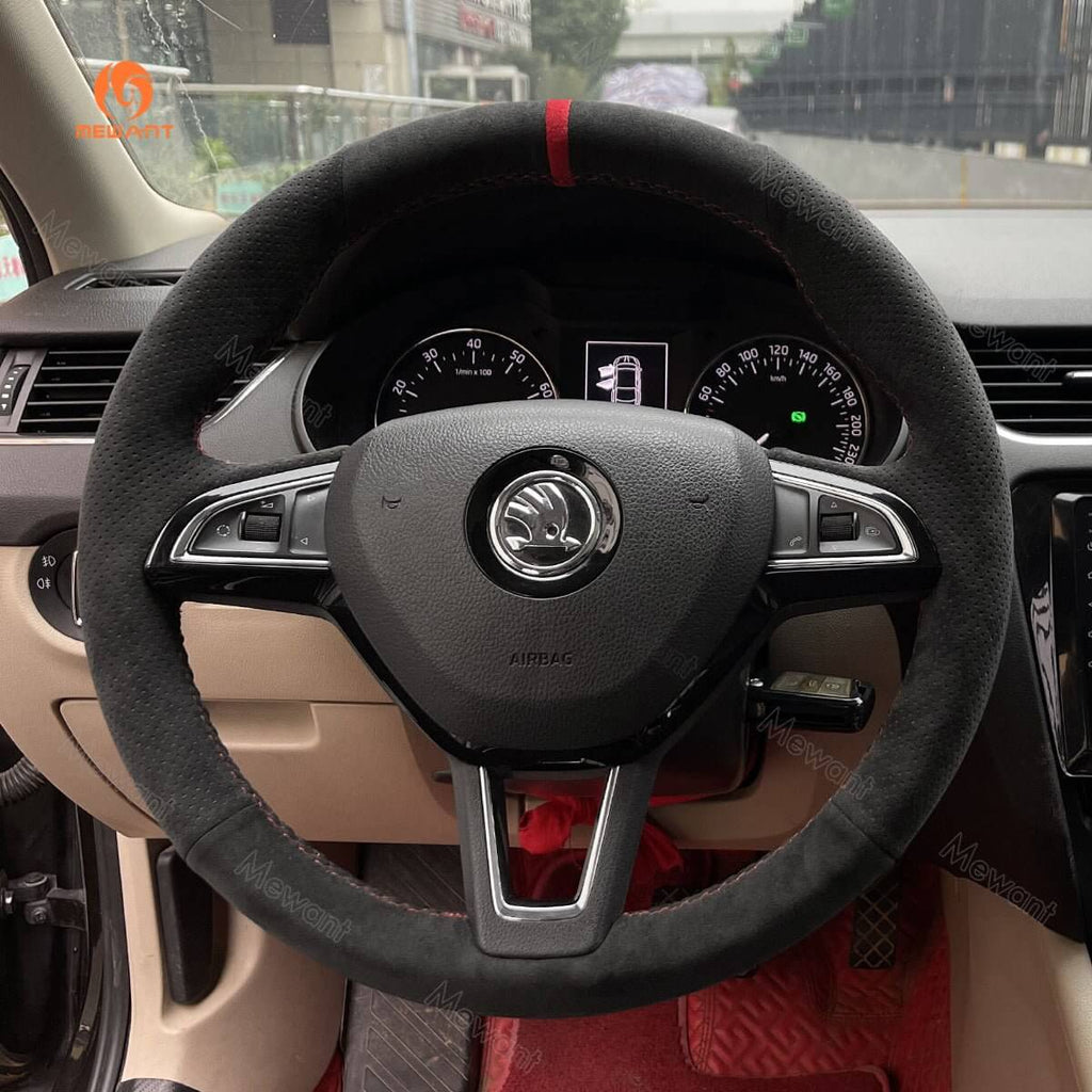 MEWANT Steering Wheel Cover for Skoda Octavia Fabia Rapid Spaceback Superb 3 - Spoke 2016 - 2017 - Alcantara, Leather, Carbon Fiber, Easy Install, Non - Slip, Best Steering Wheel Cover