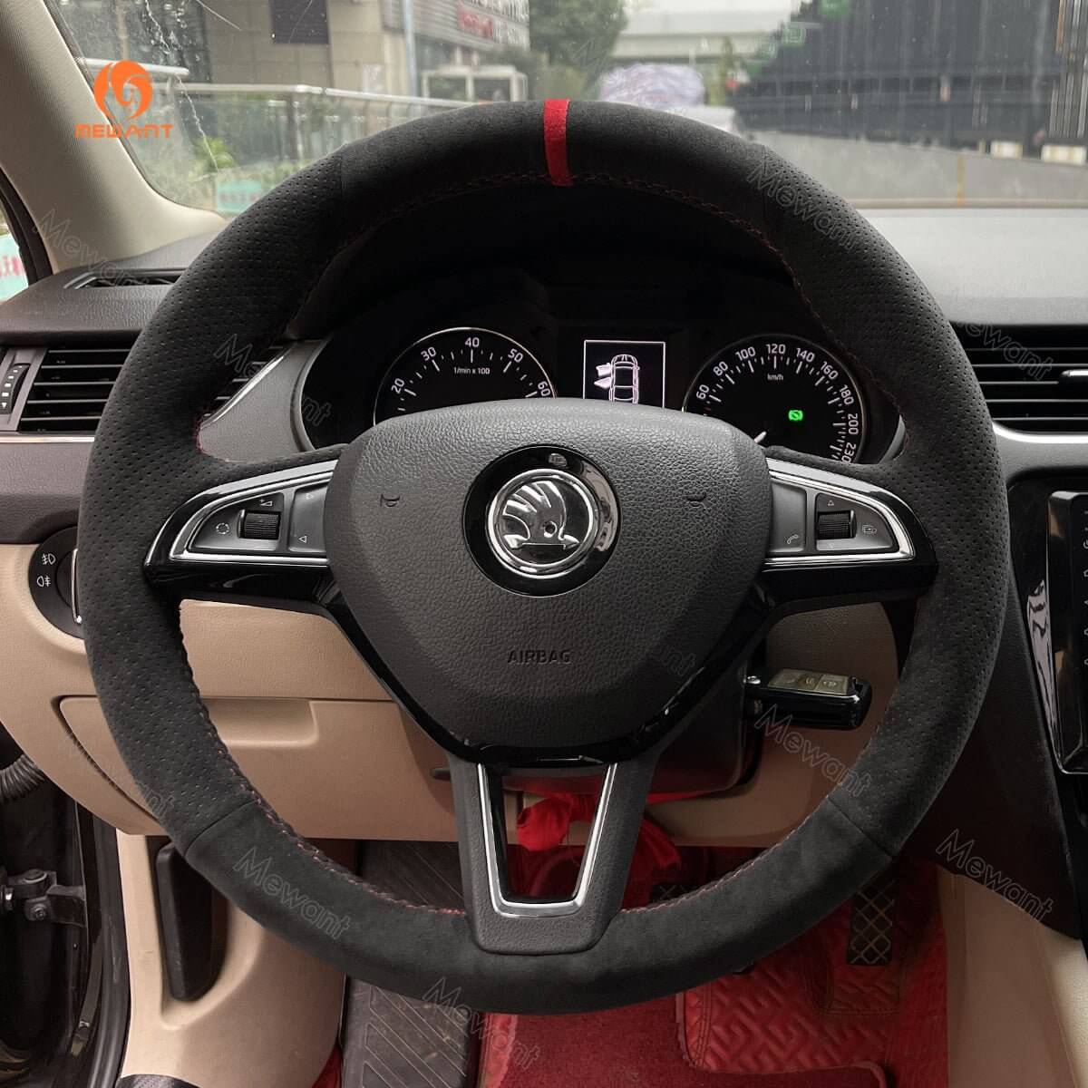 MEWANT Steering Wheel Cover for Skoda Octavia Fabia Rapid Spaceback Superb 3 - Spoke 2016 - 2017 - Alcantara, Leather, Carbon Fiber, Easy Install, Non - Slip, Best Steering Wheel Cover