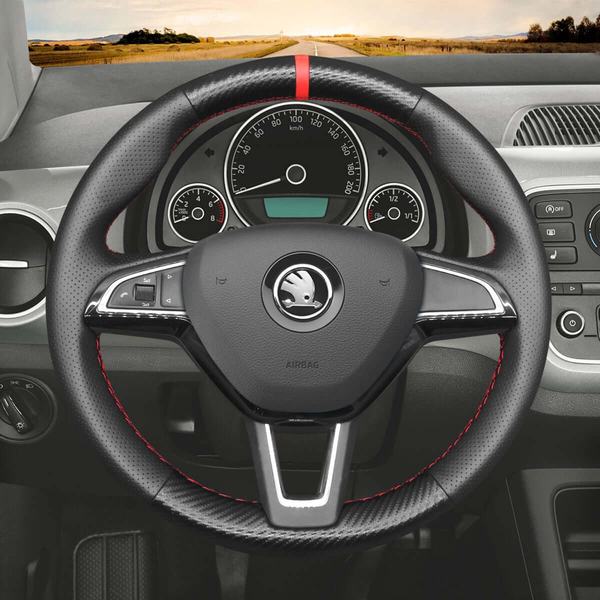 MEWANT Steering Wheel Cover for Skoda Octavia Fabia Rapid Spaceback Superb 3 - Spoke 2016 - 2017 - Alcantara, Leather, Carbon Fiber, Easy Install, Non - Slip, Best Steering Wheel Cover