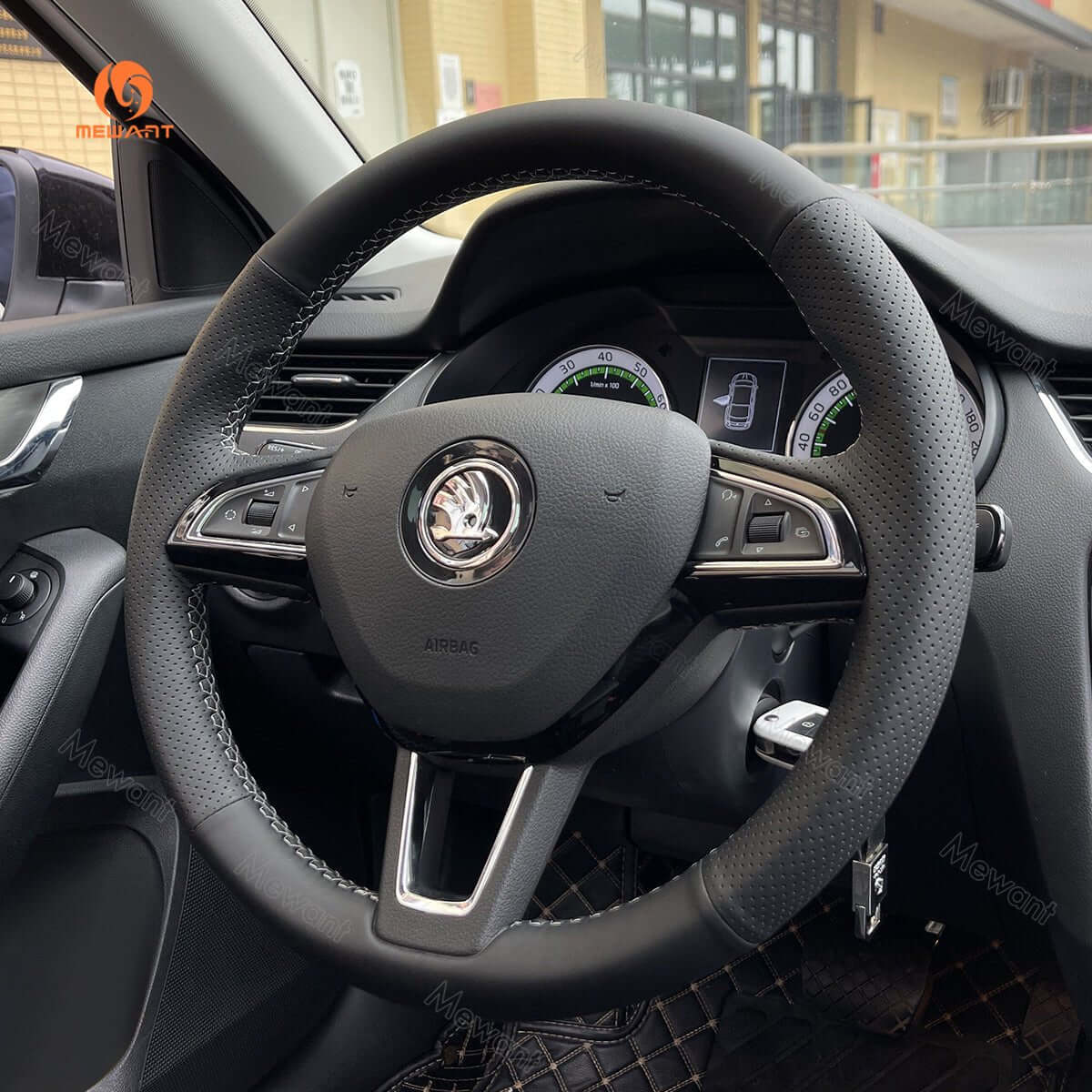 MEWANT Steering Wheel Cover for Skoda Octavia Fabia Rapid Spaceback Superb 3 - Spoke 2016 - 2017 - Alcantara, Leather, Carbon Fiber, Easy Install, Non - Slip, Best Steering Wheel Cover
