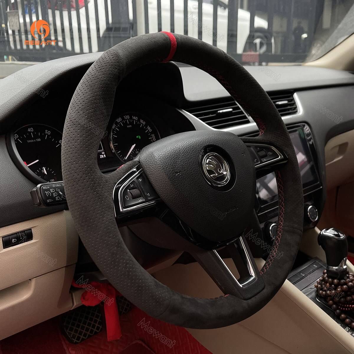 MEWANT Steering Wheel Cover for Skoda Octavia Fabia Rapid Spaceback Superb 3 - Spoke 2016 - 2017 - Alcantara, Leather, Carbon Fiber, Easy Install, Non - Slip, Best Steering Wheel Cover