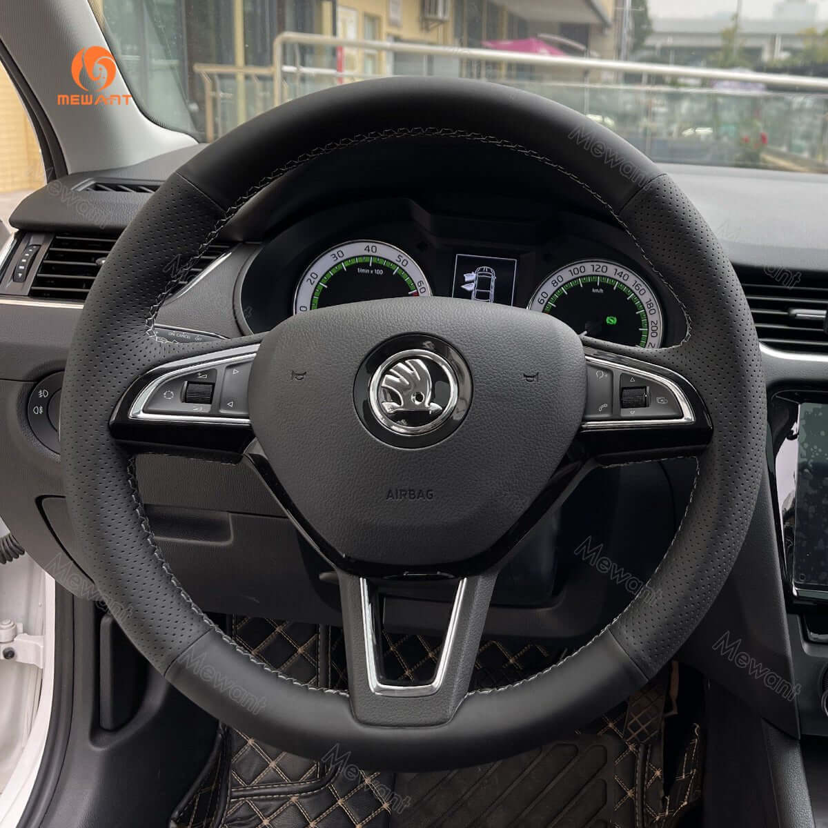 MEWANT Steering Wheel Cover for Skoda Octavia Fabia Rapid Spaceback Superb 3 - Spoke 2016 - 2017 - Alcantara, Leather, Carbon Fiber, Easy Install, Non - Slip, Best Steering Wheel Cover