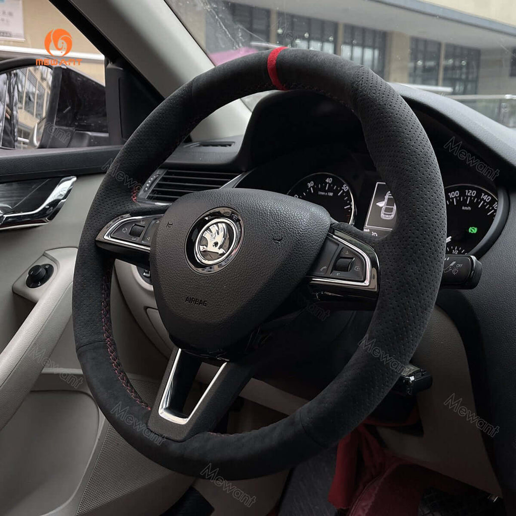MEWANT Steering Wheel Cover for Skoda Octavia Fabia Rapid Spaceback Superb 3 - Spoke 2016 - 2017 - Alcantara, Leather, Carbon Fiber, Easy Install, Non - Slip, Best Steering Wheel Cover