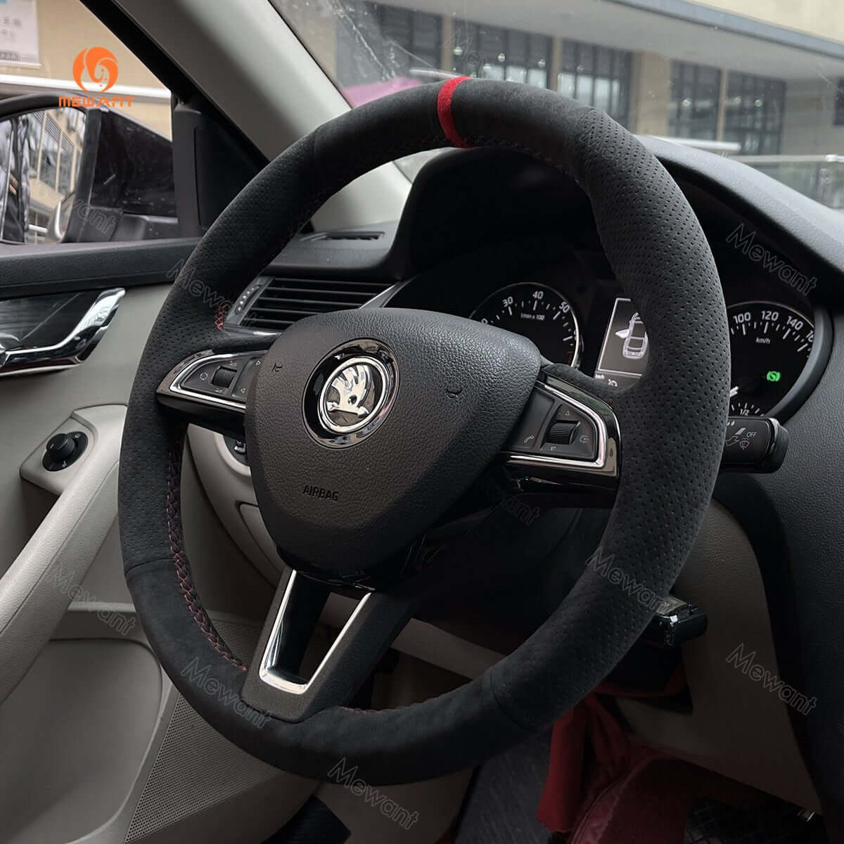 MEWANT Steering Wheel Cover for Skoda Octavia Fabia Rapid Spaceback Superb 3 - Spoke 2016 - 2017 - Alcantara, Leather, Carbon Fiber, Easy Install, Non - Slip, Best Steering Wheel Cover