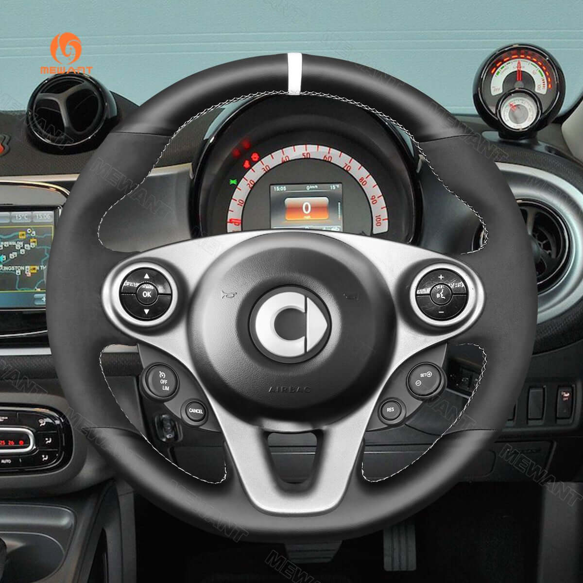 MEWANT Steering Wheel Cover for Smart New Fortwo Forfour 2015 - 2017 - Alcantara, Leather, Carbon Fiber, Easy Install, Non - Slip, Best Steering Wheel Cover