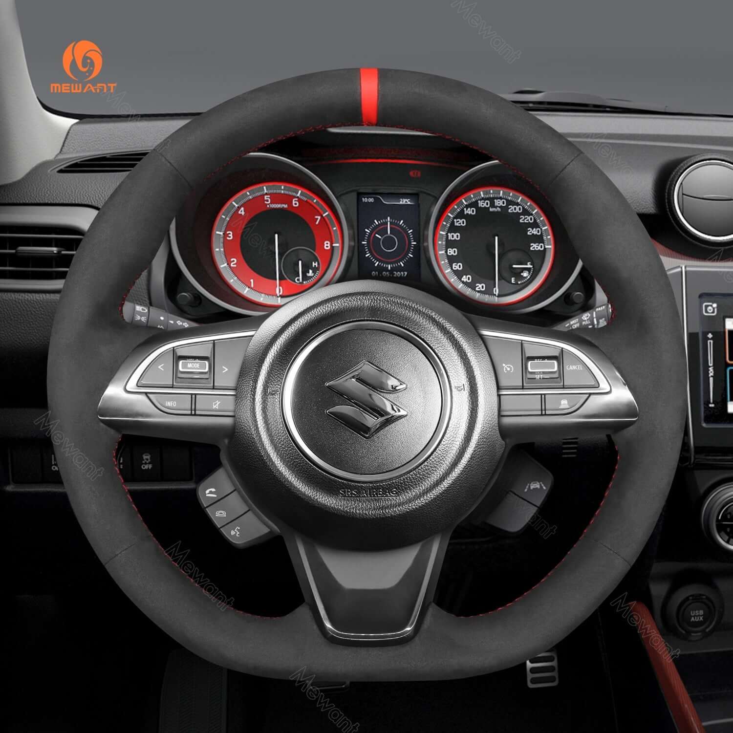 MEWANT Steering Wheel Cover for Suzuki Swift 2008 - 2021 - Alcantara, Leather, Carbon Fiber, Easy Install, Non - Slip, Best Steering Wheel Cover
