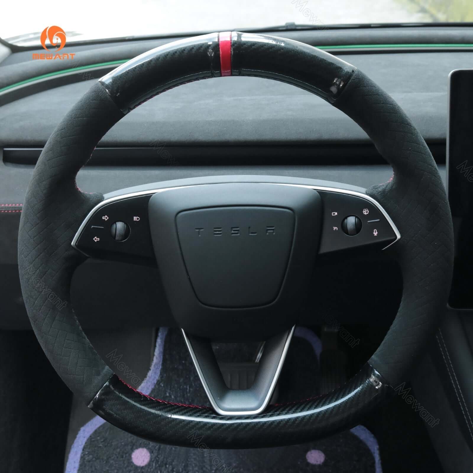 MEWANT Steering Wheel Cover for Tesla Model 3 Highland Model Y 2024 - 2026 - Alcantara, Leather, Carbon Fiber, Easy Install, Non - Slip, Best Steering Wheel Cover