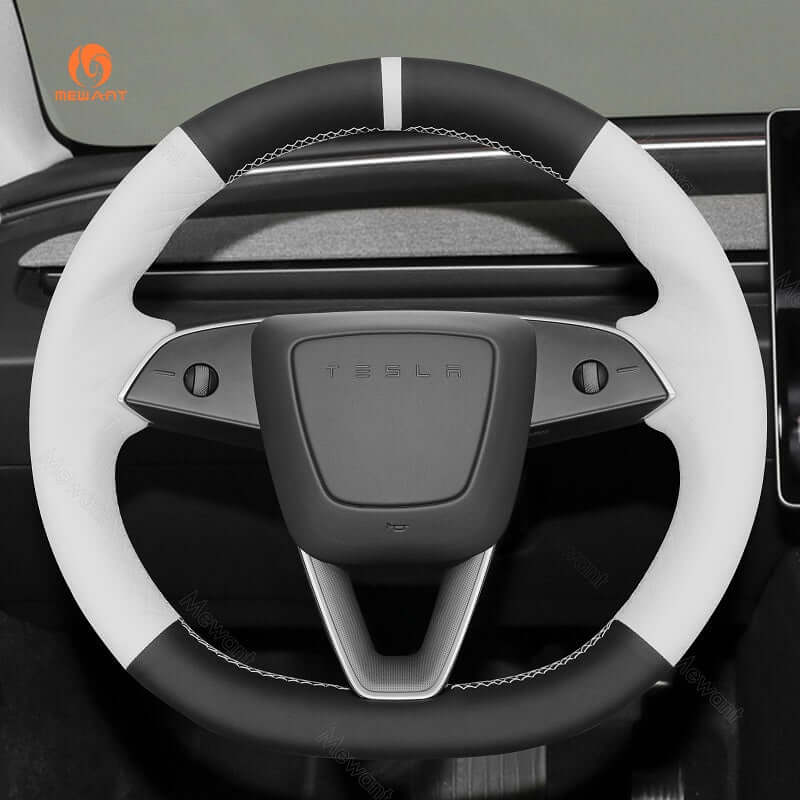MEWANT Steering Wheel Cover for Tesla Model 3 Highland Model Y 2024 - 2026 - Alcantara, Leather, Carbon Fiber, Easy Install, Non - Slip, Best Steering Wheel Cover