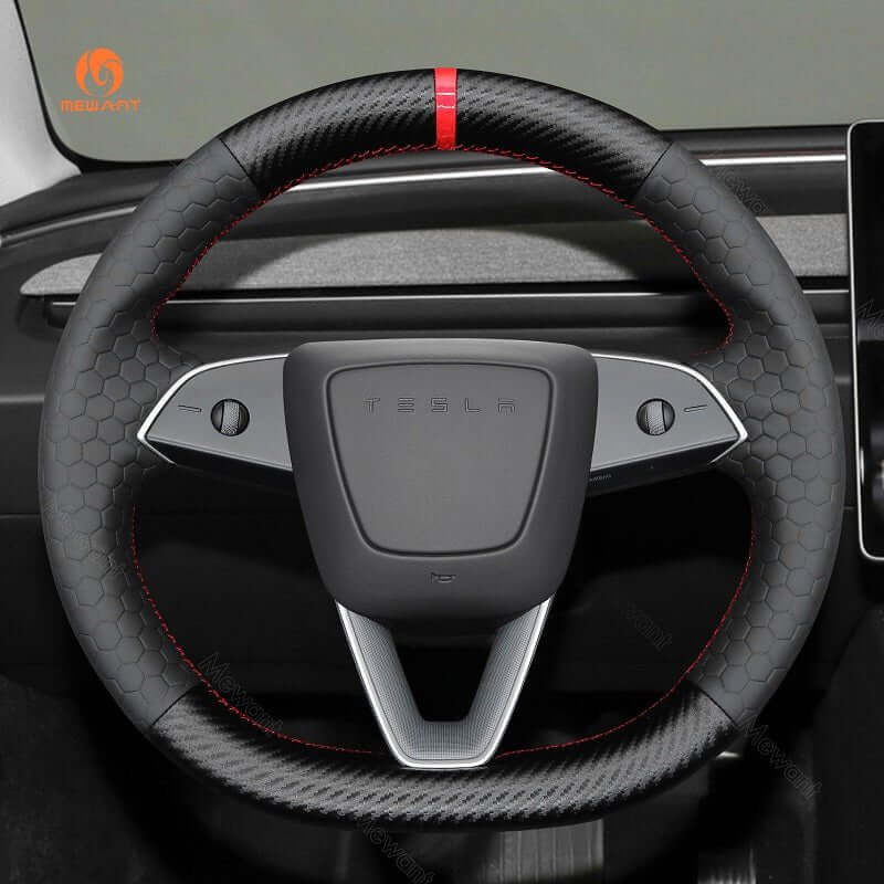 MEWANT Steering Wheel Cover for Tesla Model 3 Highland Model Y 2024 - 2026 - Alcantara, Leather, Carbon Fiber, Easy Install, Non - Slip, Best Steering Wheel Cover