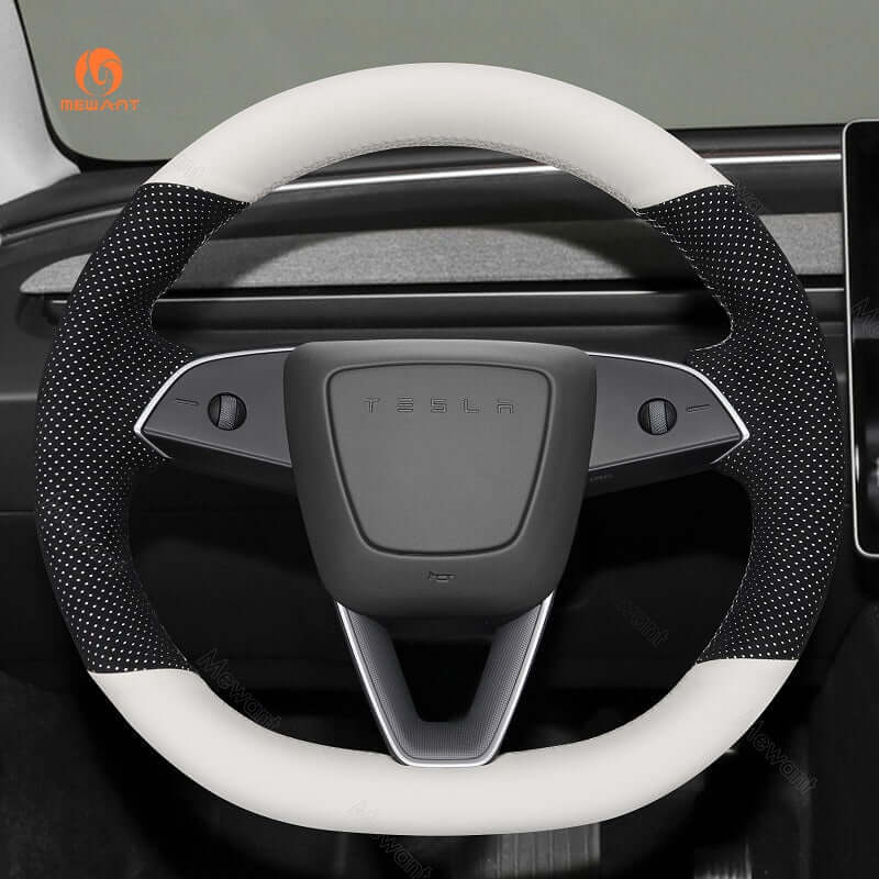 MEWANT Steering Wheel Cover for Tesla Model 3 Highland Model Y 2024 - 2026 - Alcantara, Leather, Carbon Fiber, Easy Install, Non - Slip, Best Steering Wheel Cover