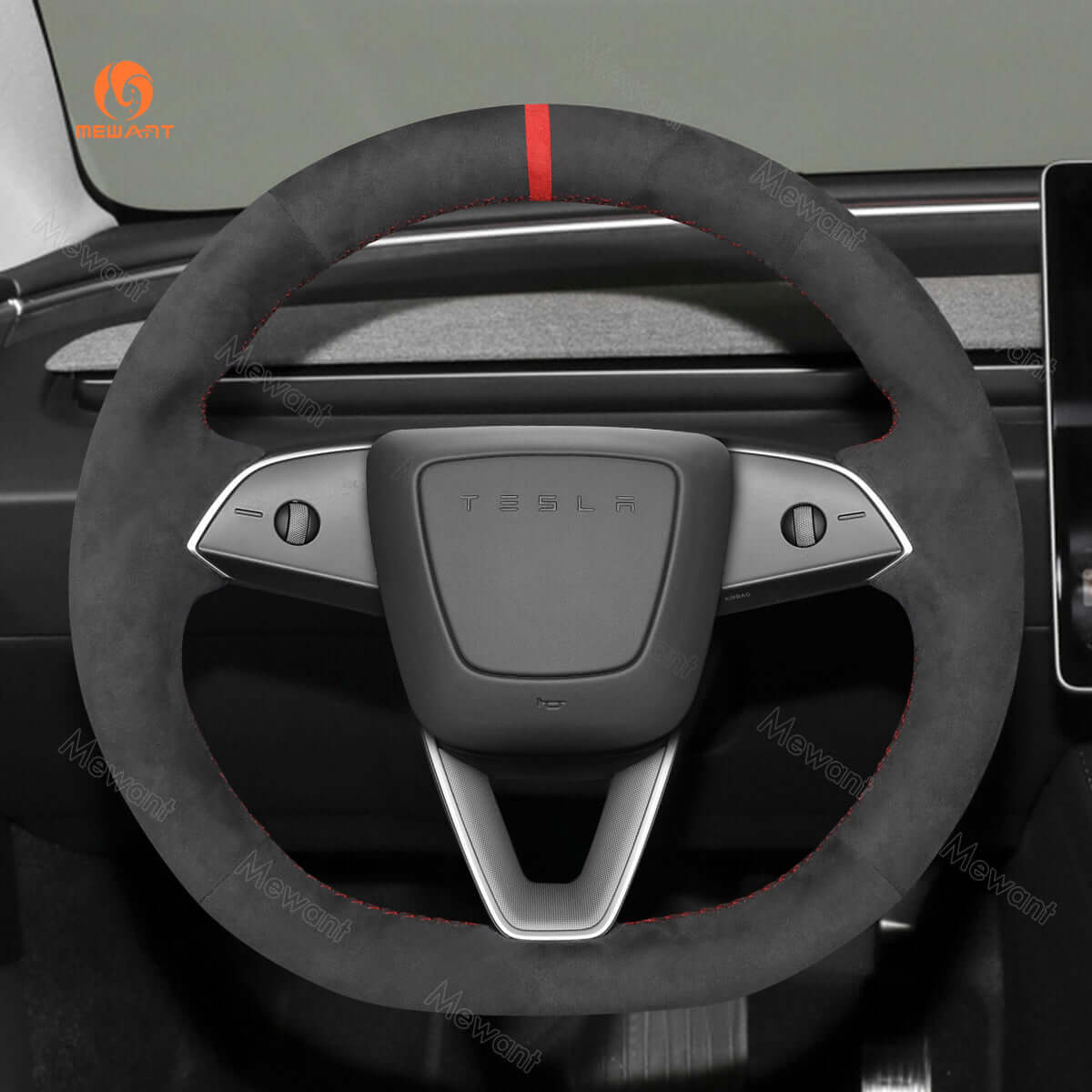 MEWANT Steering Wheel Cover for Tesla Model 3 Highland Model Y 2024 - 2026 - Alcantara, Leather, Carbon Fiber, Easy Install, Non - Slip, Best Steering Wheel Cover