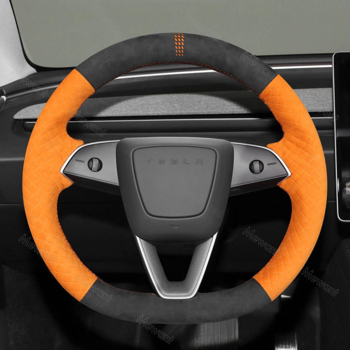 MEWANT Steering Wheel Cover for Tesla Model 3 Highland Model Y 2024 - 2026 - Alcantara, Leather, Carbon Fiber, Easy Install, Non - Slip, Best Steering Wheel Cover