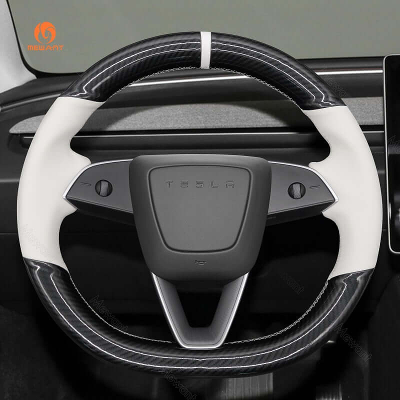 MEWANT Steering Wheel Cover for Tesla Model 3 Highland Model Y 2024 - 2026 - Alcantara, Leather, Carbon Fiber, Easy Install, Non - Slip, Best Steering Wheel Cover