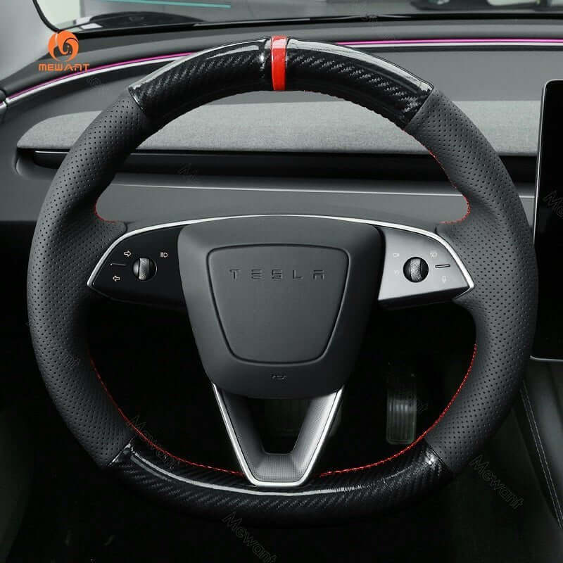 MEWANT Steering Wheel Cover for Tesla Model 3 Highland Model Y 2024 - 2026 - Alcantara, Leather, Carbon Fiber, Easy Install, Non - Slip, Best Steering Wheel Cover