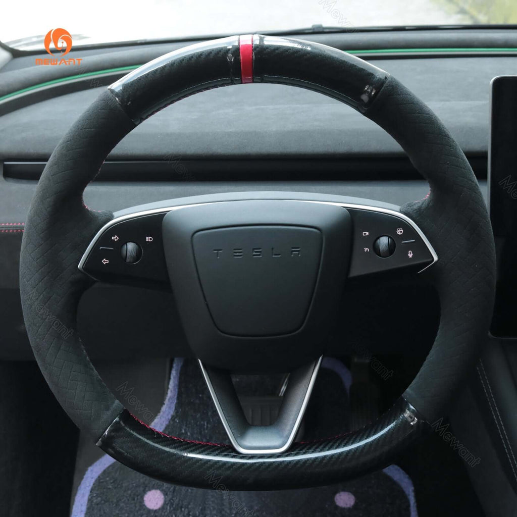 MEWANT Steering Wheel Cover for Tesla Model 3 Highland Model Y 2024 - 2026 - Alcantara, Leather, Carbon Fiber, Easy Install, Non - Slip, Best Steering Wheel Cover