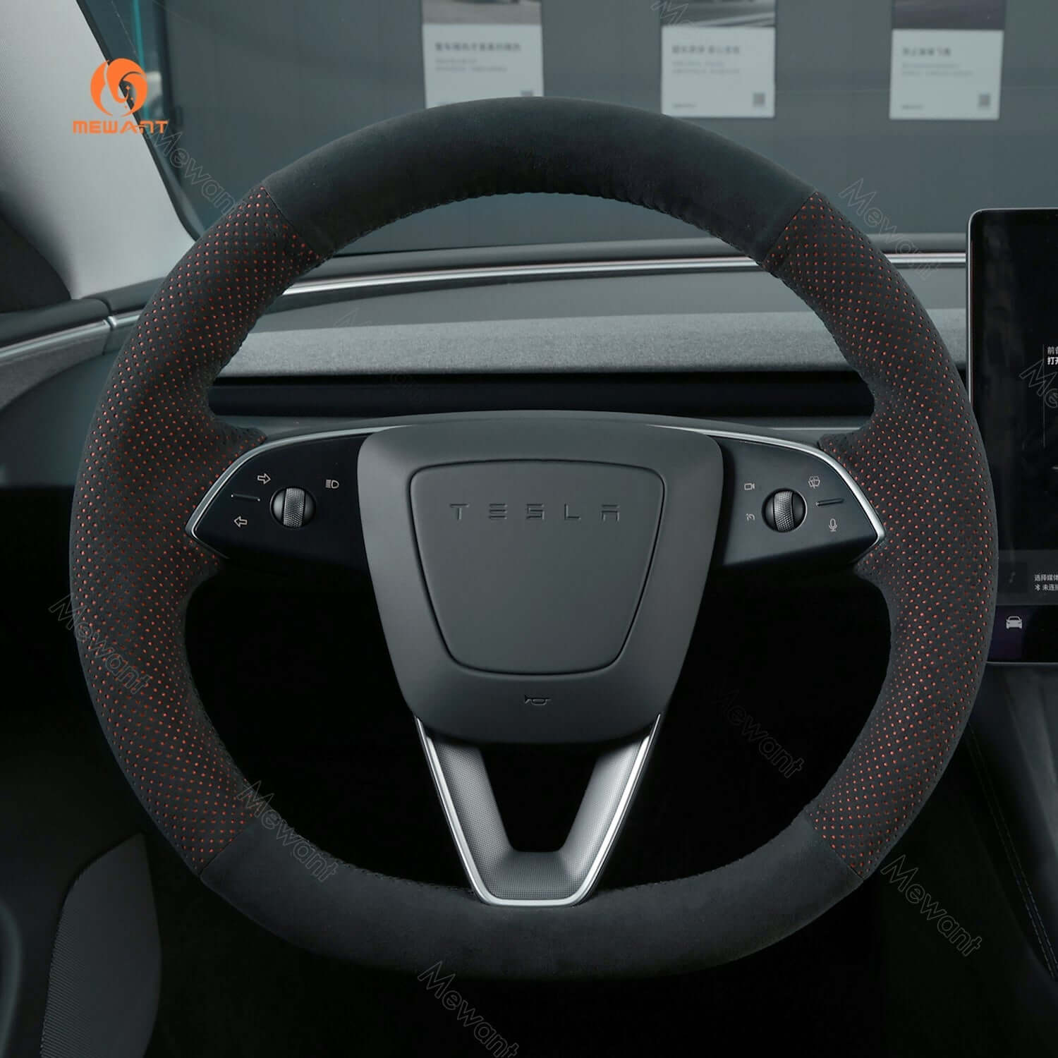 MEWANT Steering Wheel Cover for Tesla Model 3 Highland Model Y 2024 - 2026 - Alcantara, Leather, Carbon Fiber, Easy Install, Non - Slip, Best Steering Wheel Cover