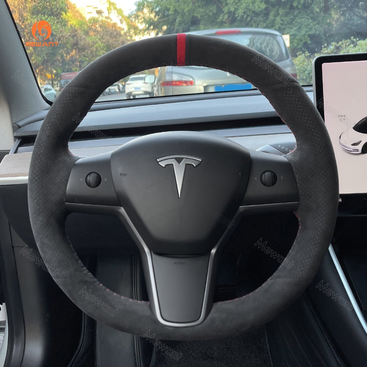 MEWANT Steering Wheel Cover for Tesla Model 3 Model Y 2017 - 2021 - Alcantara, Leather, Carbon Fiber, Easy Install, Non - Slip, Best Steering Wheel Cover