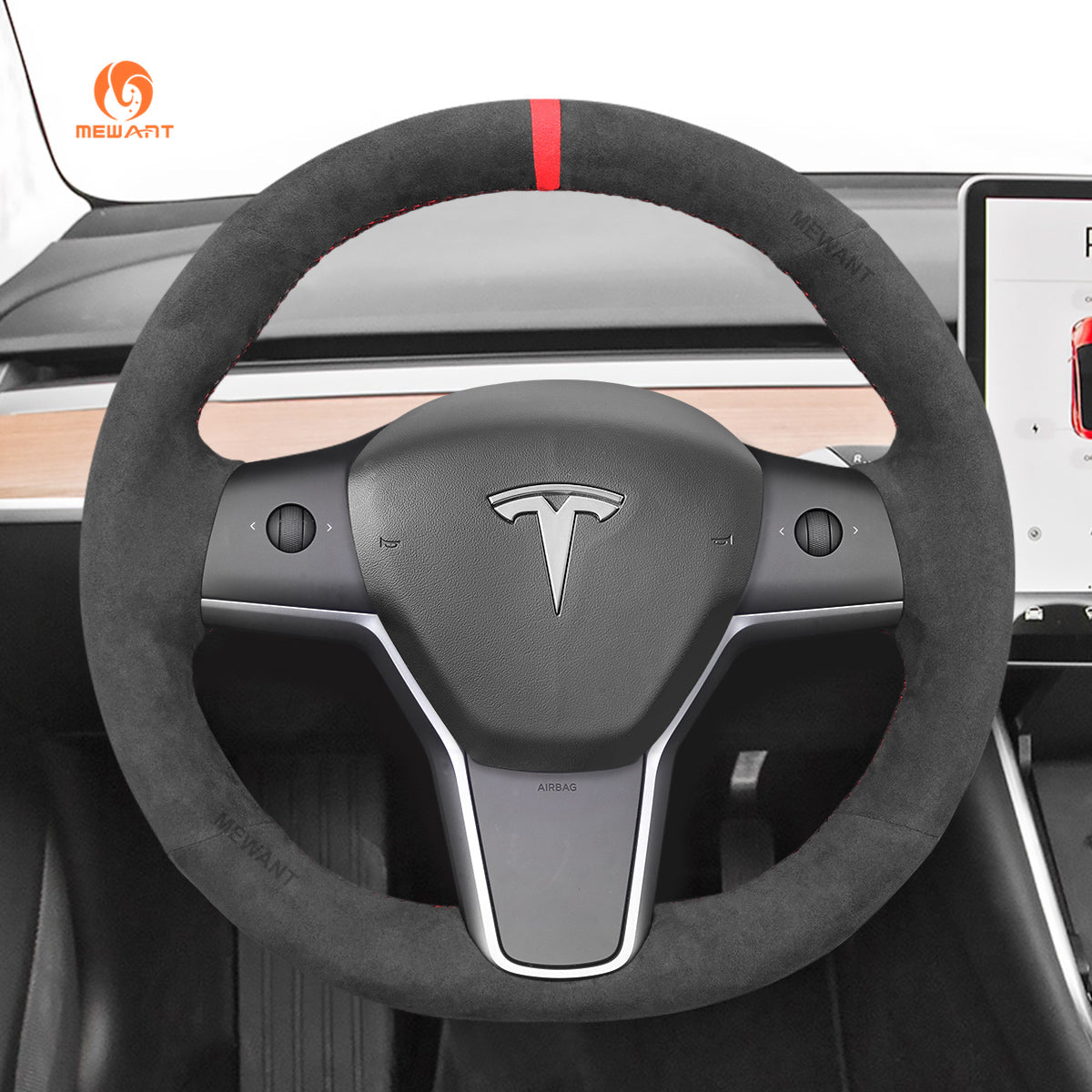 MEWANT Steering Wheel Cover for Tesla Model 3 Model Y 2017 - 2021 - Alcantara, Leather, Carbon Fiber, Easy Install, Non - Slip, Best Steering Wheel Cover