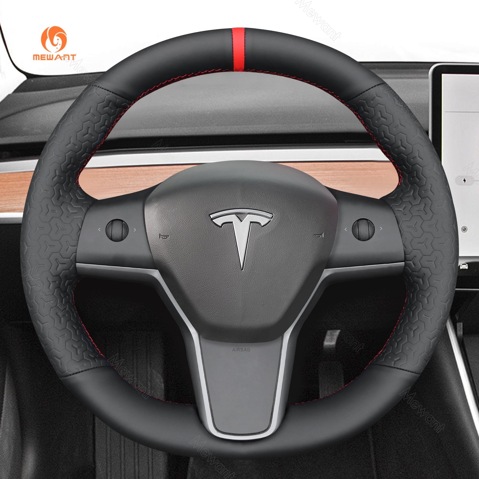 MEWANT Steering Wheel Cover for Tesla Model 3 Model Y 2017 - 2021 - Alcantara, Leather, Carbon Fiber, Easy Install, Non - Slip, Best Steering Wheel Cover