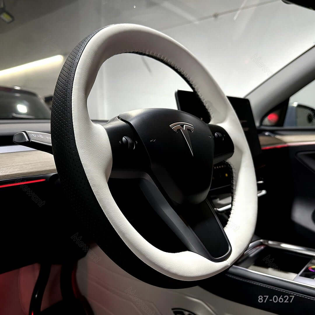 MEWANT Steering Wheel Cover for Tesla Model 3 Model Y 2017 - 2021 - Alcantara, Leather, Carbon Fiber, Easy Install, Non - Slip, Best Steering Wheel Cover