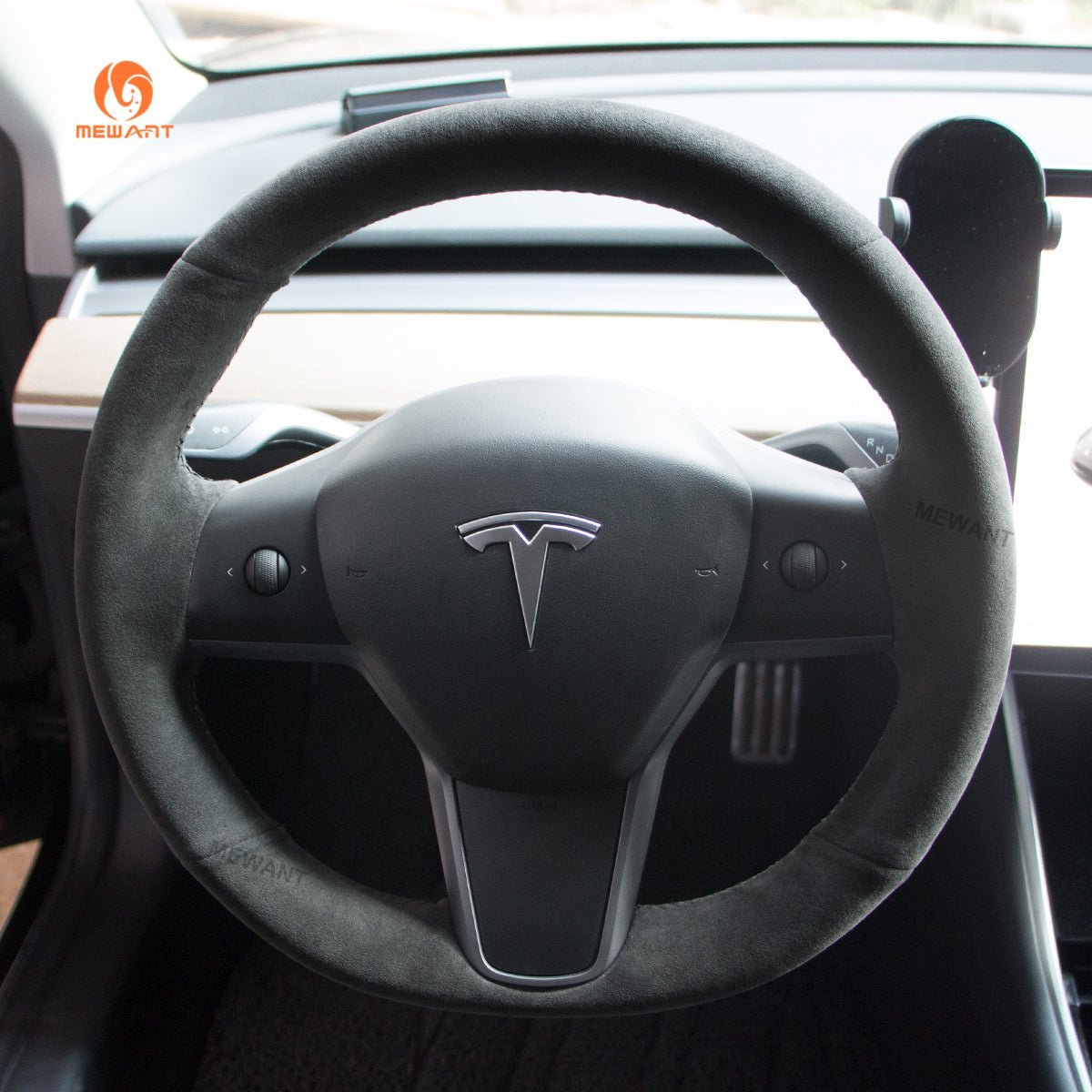 MEWANT Steering Wheel Cover for Tesla Model 3 Model Y 2017 - 2021 - Alcantara, Leather, Carbon Fiber, Easy Install, Non - Slip, Best Steering Wheel Cover