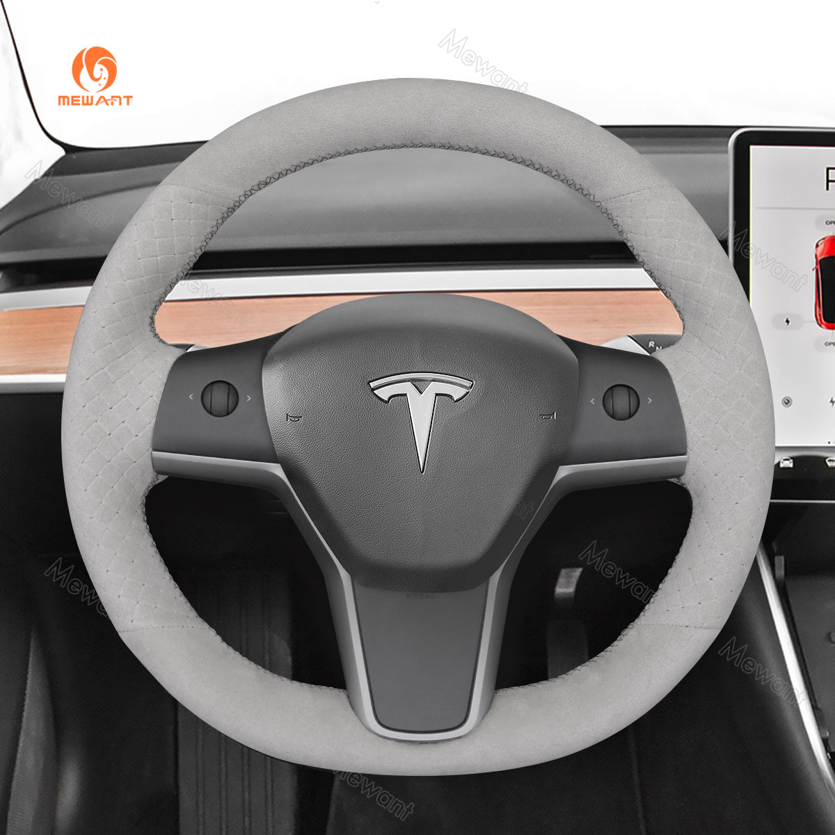 MEWANT Steering Wheel Cover for Tesla Model 3 Model Y 2017 - 2021 - Alcantara, Leather, Carbon Fiber, Easy Install, Non - Slip, Best Steering Wheel Cover
