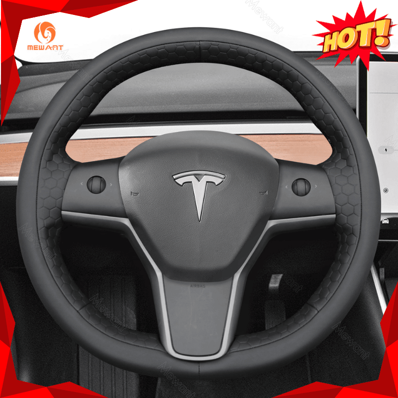 MEWANT Steering Wheel Cover for Tesla Model 3 Model Y 2017 - 2021 - Alcantara, Leather, Carbon Fiber, Easy Install, Non - Slip, Best Steering Wheel Cover