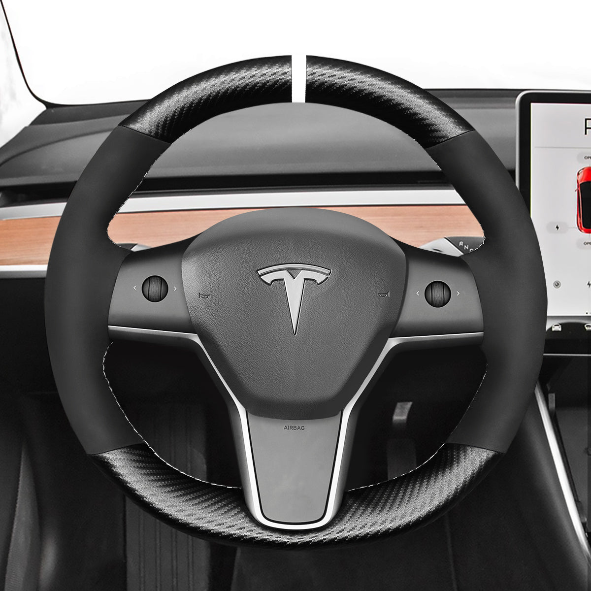MEWANT Steering Wheel Cover for Tesla Model 3 Model Y 2017 - 2021 - Alcantara, Leather, Carbon Fiber, Easy Install, Non - Slip, Best Steering Wheel Cover