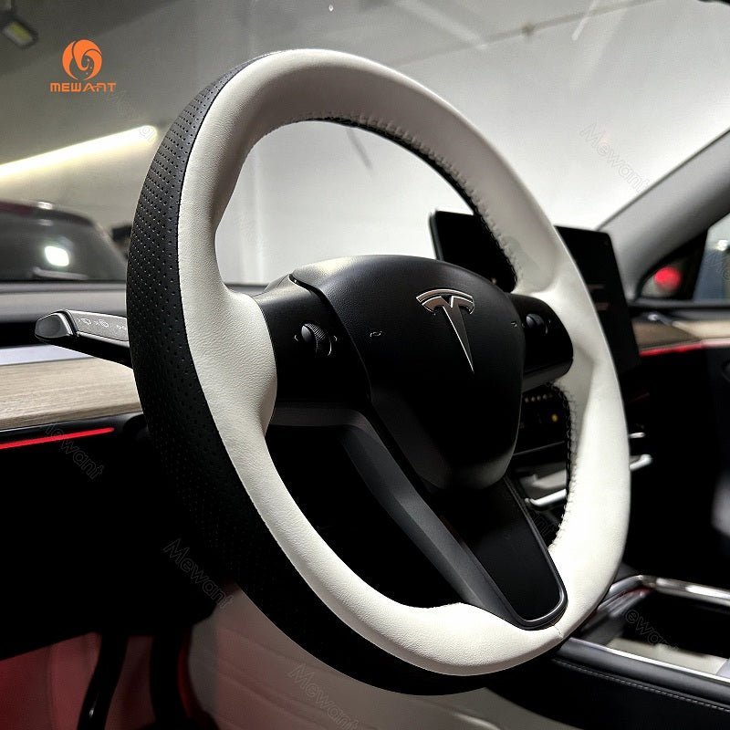 MEWANT Steering Wheel Cover for Tesla Model 3 Model Y 2017 - 2021 - Alcantara, Leather, Carbon Fiber, Easy Install, Non - Slip, Best Steering Wheel Cover