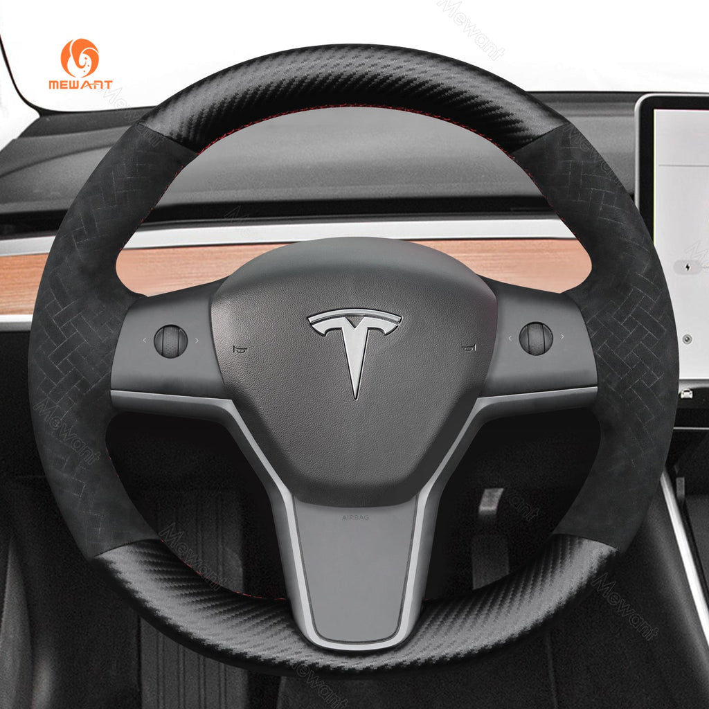 MEWANT Steering Wheel Cover for Tesla Model 3 Model Y 2017 - 2021 - Alcantara, Leather, Carbon Fiber, Easy Install, Non - Slip, Best Steering Wheel Cover