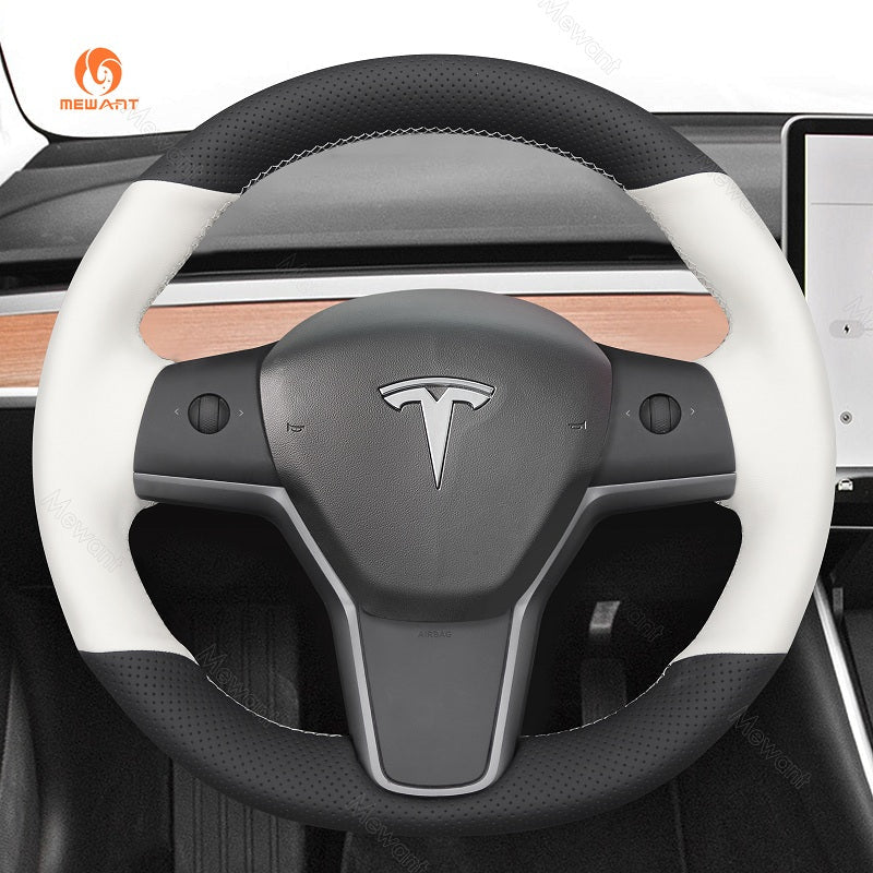 MEWANT Steering Wheel Cover for Tesla Model 3 Model Y 2017 - 2021 - Alcantara, Leather, Carbon Fiber, Easy Install, Non - Slip, Best Steering Wheel Cover
