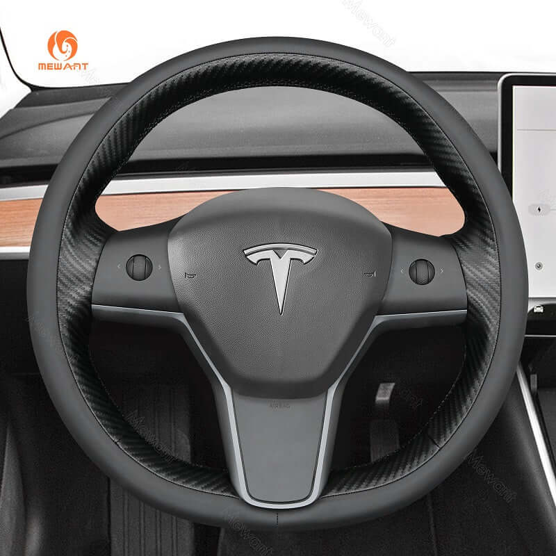 MEWANT Steering Wheel Cover for Tesla Model 3 Model Y 2017 - 2021 - Alcantara, Leather, Carbon Fiber, Easy Install, Non - Slip, Best Steering Wheel Cover
