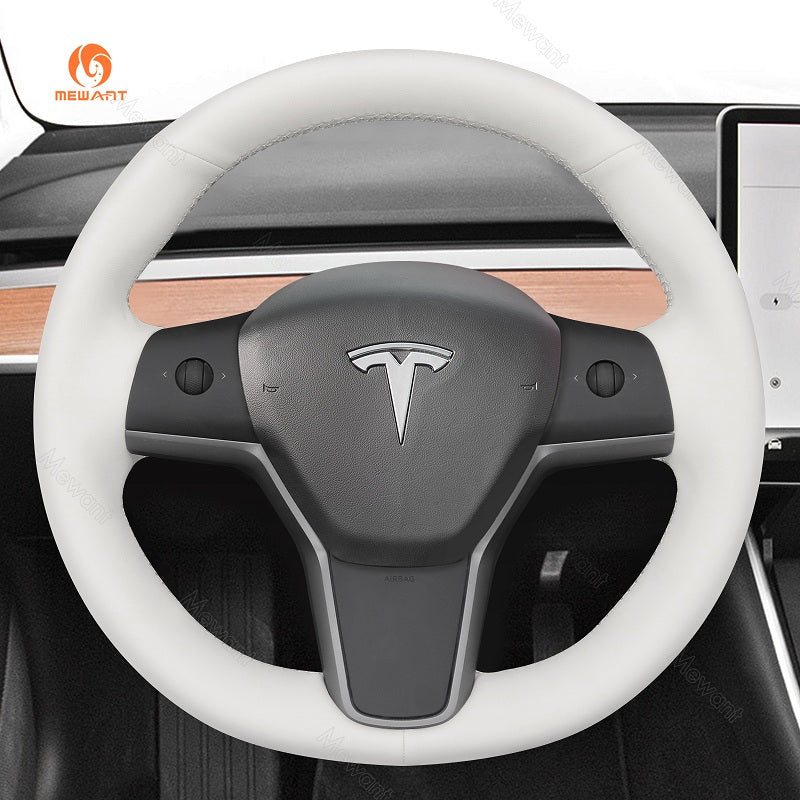 MEWANT Steering Wheel Cover for Tesla Model 3 Model Y 2017 - 2021 - Alcantara, Leather, Carbon Fiber, Easy Install, Non - Slip, Best Steering Wheel Cover