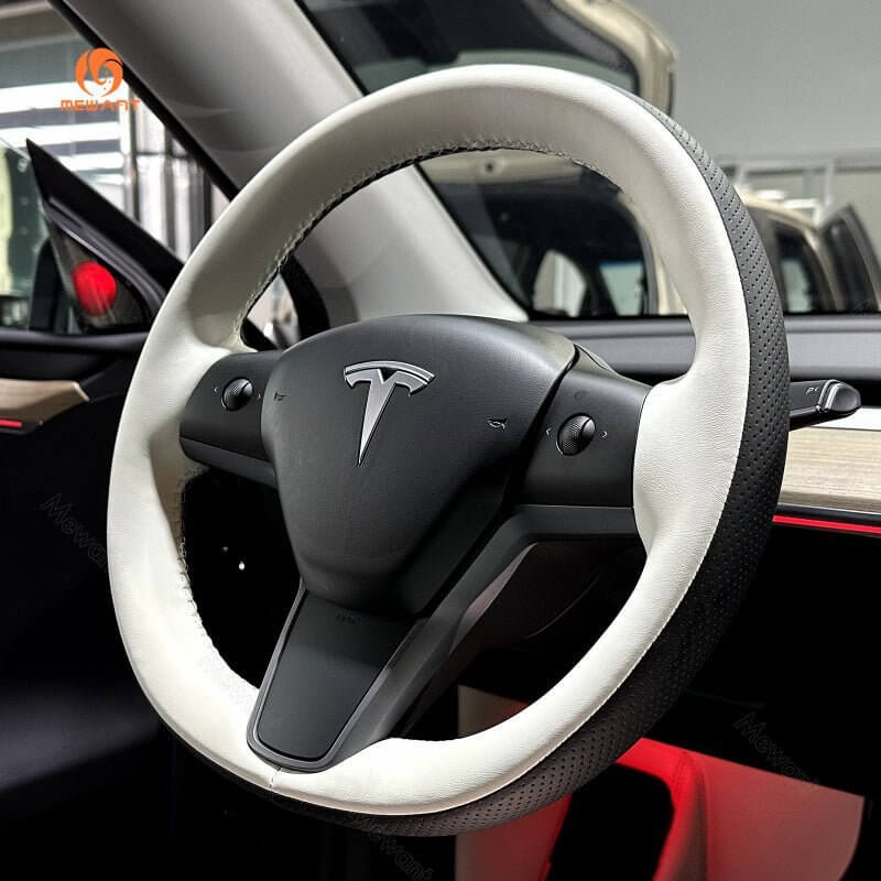 MEWANT Steering Wheel Cover - for Tesla Model 3 Model Y 2017 - 2023 - US in stock - Alcantara, Leather, Carbon Fiber, Easy Install, Non - Slip, Best Steering Wheel Cover