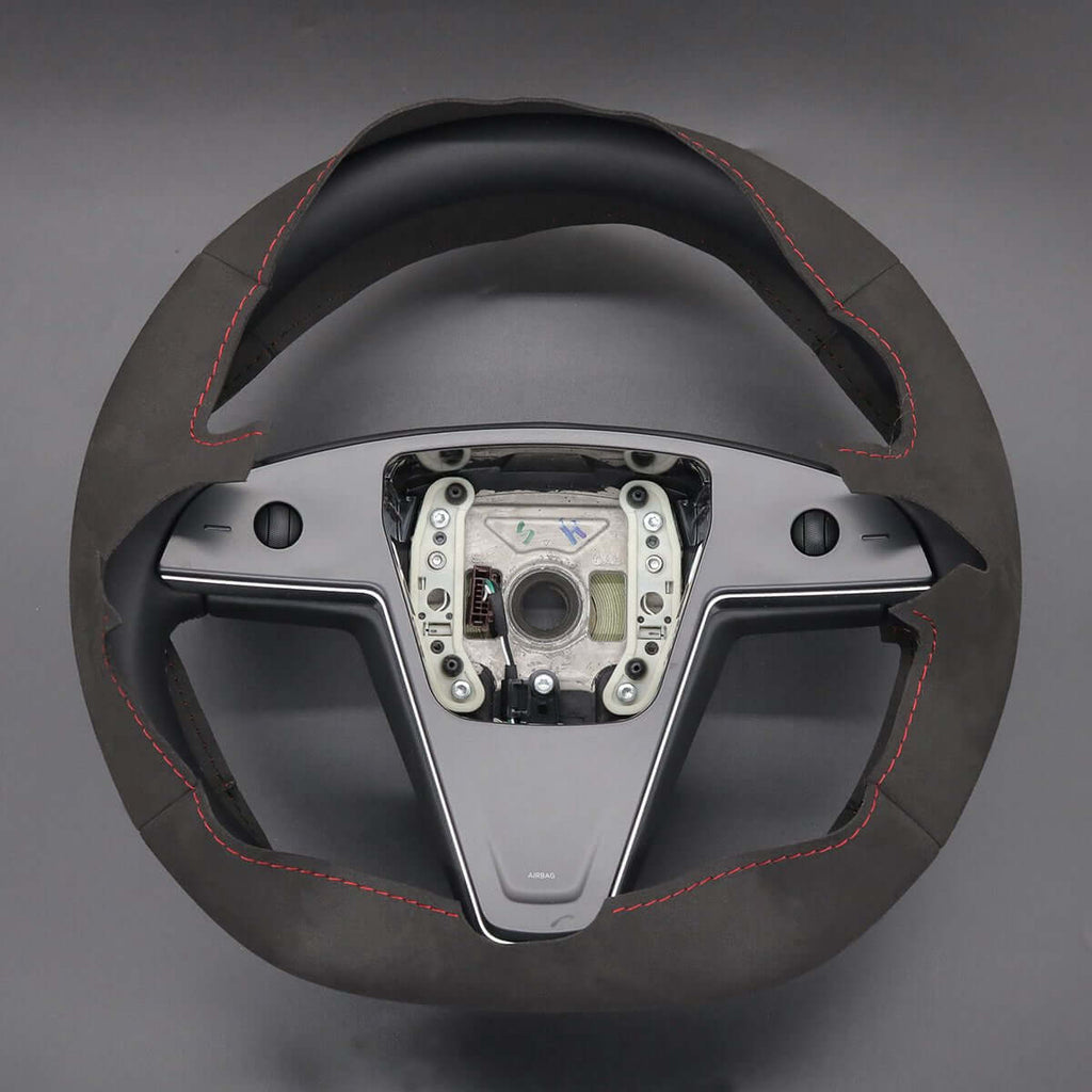 MEWANT Steering Wheel Cover for Tesla Model S Base Plaid 2021 - Alcantara, Leather, Carbon Fiber, Easy Install, Non - Slip, Best Steering Wheel Cover