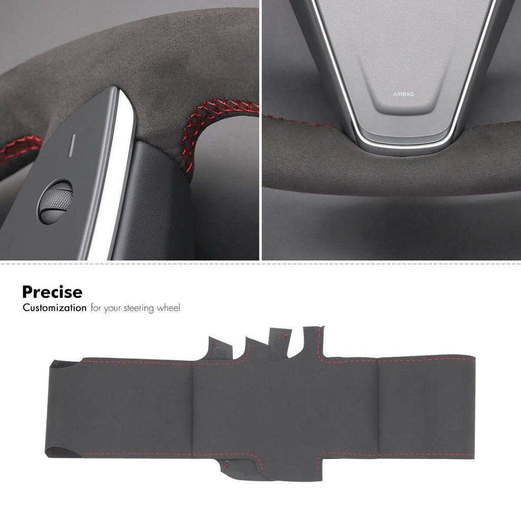 MEWANT Steering Wheel Cover for Tesla Model S Base Plaid 2021 - Alcantara, Leather, Carbon Fiber, Easy Install, Non - Slip, Best Steering Wheel Cover