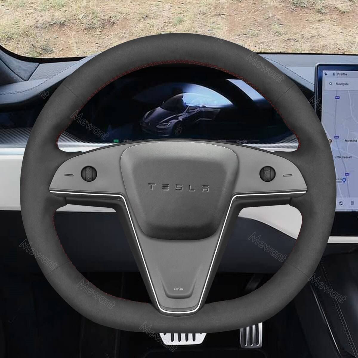 MEWANT Steering Wheel Cover for Tesla Model S Base Plaid 2021 - Alcantara, Leather, Carbon Fiber, Easy Install, Non - Slip, Best Steering Wheel Cover